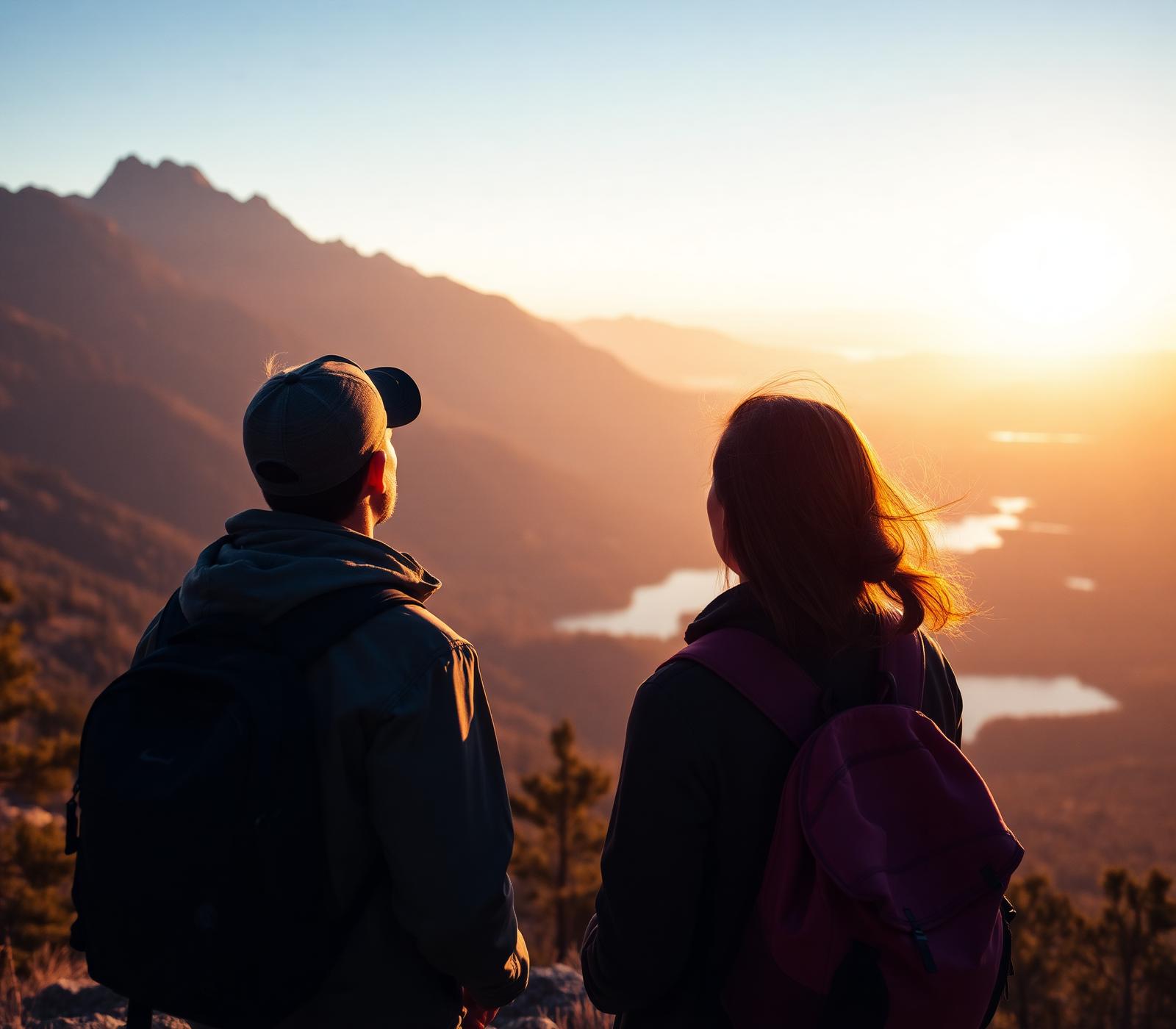 Two travelers watching sunset at a mountain viewpoint